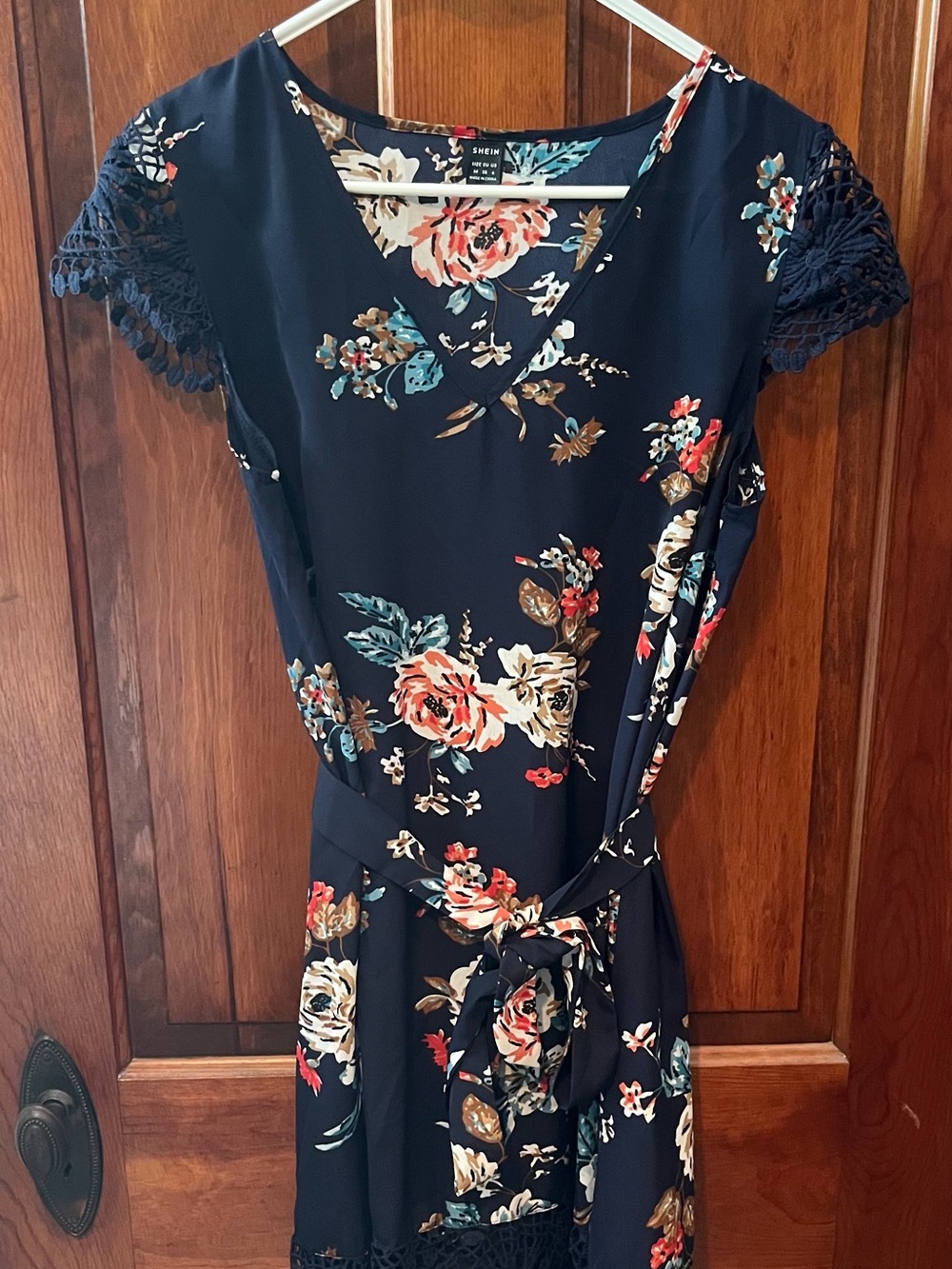SHEIN Navy Floral Wrap-Style Dress with Coral, Cream & Teal Accents